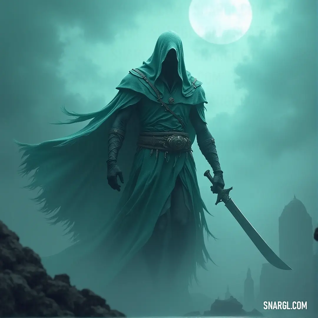 A cloaked figure with a sword stands before a full moon, casting a shadow over a distant castle, creating an atmosphere of intrigue and suspense. The Shadowy Figure, cloaked in green, stands before a glowing full moon. The sword in their hand gleams under the light, and in the distance, a dark castle looms, adding a sense of mystery and danger to the scene.