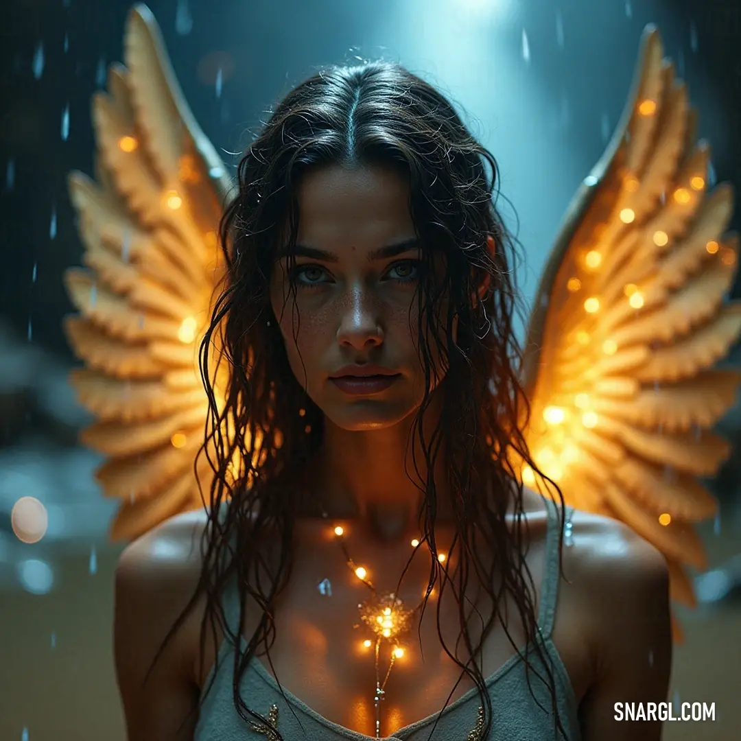 A breathtaking being with angel wings, illuminated by shimmering lights in the rain, radiating beauty and serenity amidst nature. A mesmerizing figure with angel wings stands in the rain, adorned in a delicate necklace, with lights glowing on her chest and glistening hair. The scene blends natural elements with divine presence, creating a captivating moment of tranquility.