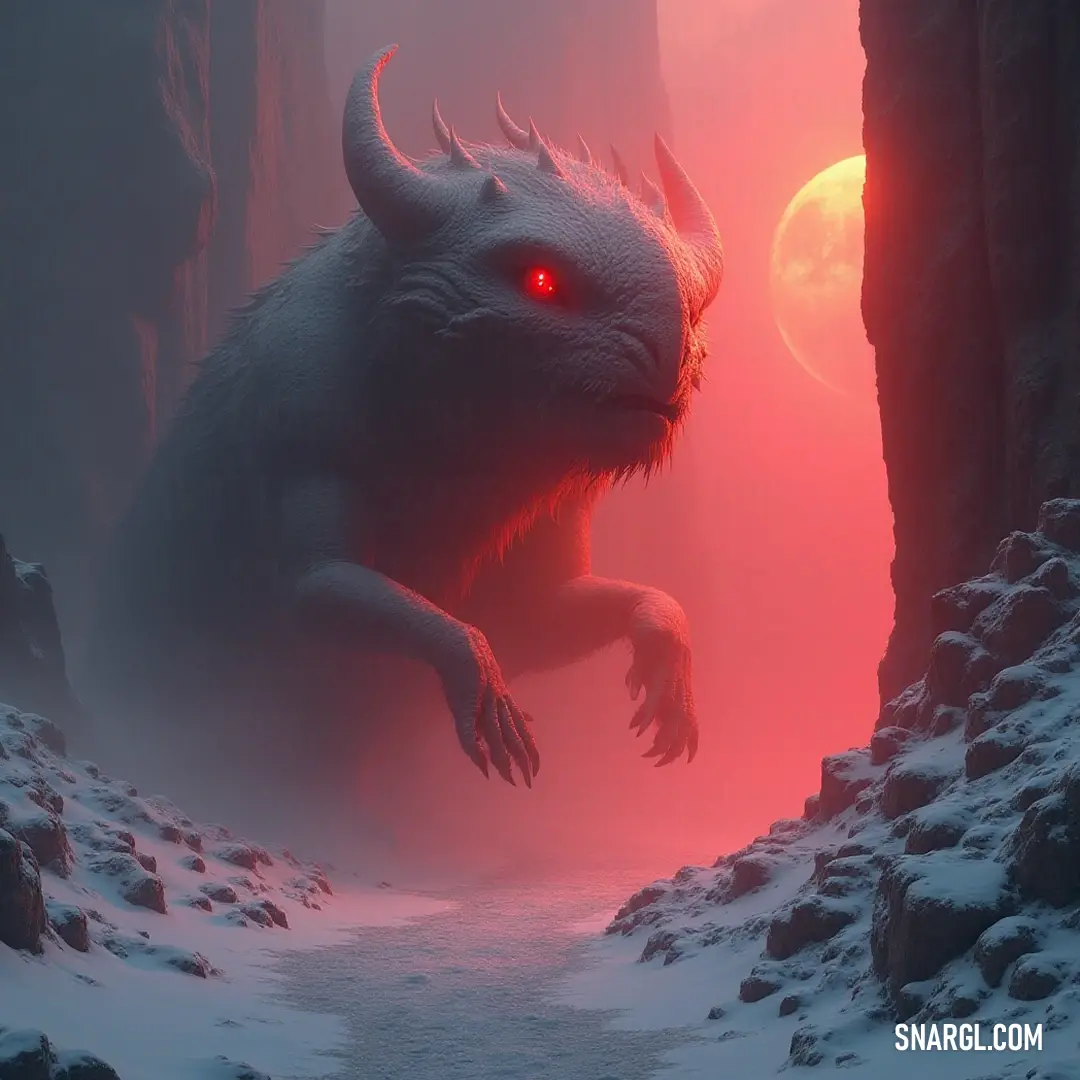 A mysterious white being with red eyes illuminated in a cave by striking crimson light, encapsulating an aura of intrigue. A striking white figure emanates mystique and allure, with piercing red eyes, standing in a cave illuminated by an enchanting crimson light. The interplay of shadows enhances the creature's enigmatic presence, merging beauty with intensity.