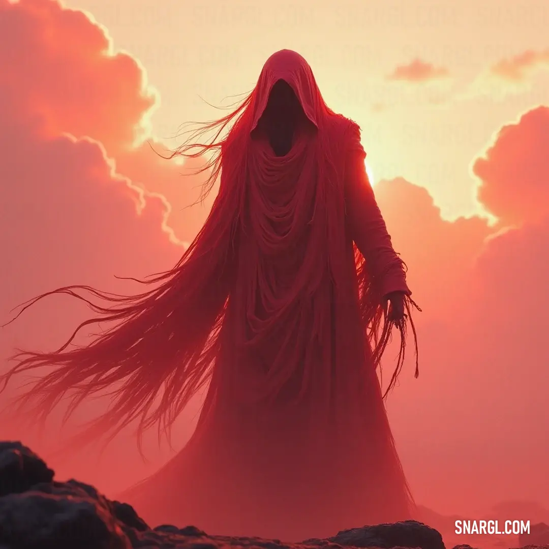 A mystical figure with flowing long hair on a rugged hill at sunset, surrounded by dramatic clouds and a fiery red sky. A mystical figure with flowing long hair stands confidently on a rugged hill, bathed in the warm glow of a sunset. The horizon blazes with fiery red hues while dramatic clouds add depth to the captivating scene.