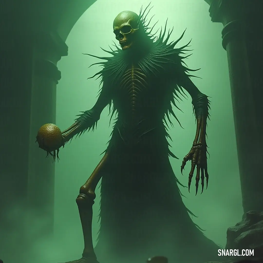 The Skele-Fiend showcases a luminous ball in a dark room, its glow captivating and magical. The Skele-Fiend stands center stage in a darkened room, holding a shimmering ball that emits an enchanting light from its mouth and hands. The vibrant glow creates captivating patterns on the walls, transforming the atmosphere into a realm filled with mag
