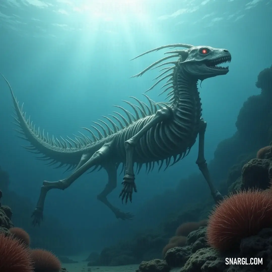 A majestic skeleton of a serpentine creature gliding gracefully through the ocean depths, adorned with vibrant sea urchins encircling its neck, while a striking crimson eye pierces the underwater gloom.