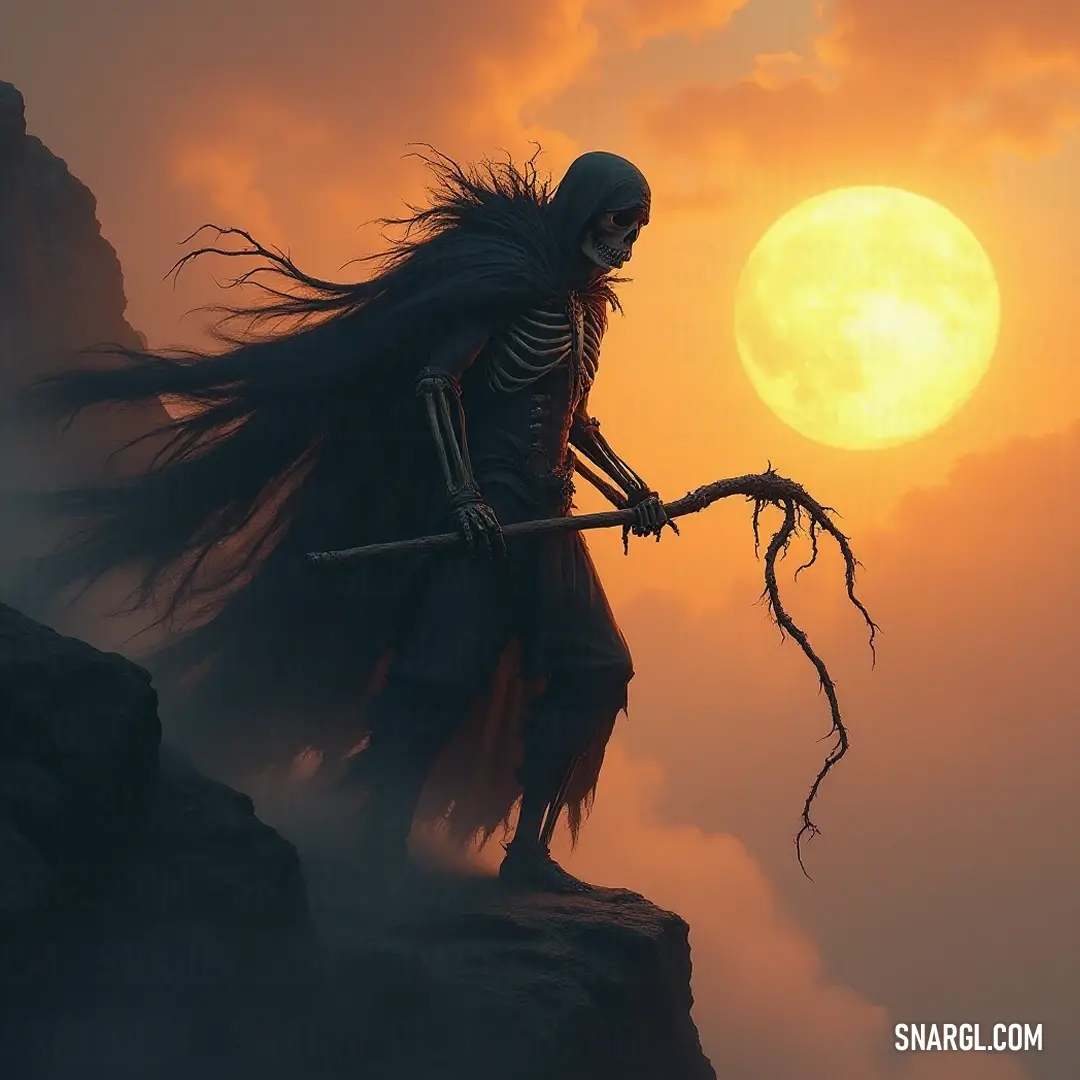 Amidst a breathtaking sunset, the Skeletal Warden, with flowing hair, firmly grips a rustic stick, overlooking a sprawling hill, presenting a hauntingly beautiful silhouette against the glowing moon.
