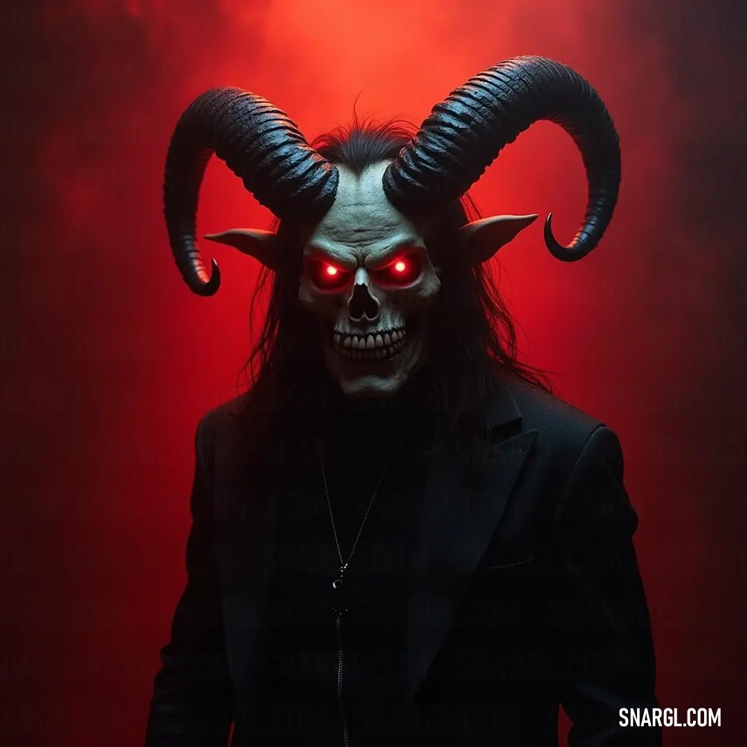 A majestic skeleton king with flowing long hair and piercing red eyes, adorned with a striking horned mask that emphasizes his regal yet menacing presence, standing confidently on a dark, eerie throne.