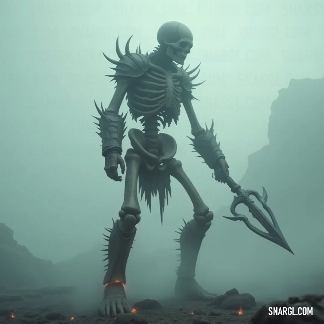 Intimidating Skeleton Warlord poised for battle in a foggy terrain of rocks, brandishing a formidable knife. A fearsome Skeleton Warlord stands menacingly in a fog-drenched landscape, his body adorned with sharp spikes and wielding a massive knife, ready to face any challengers amidst the eerie rocks that surround him.