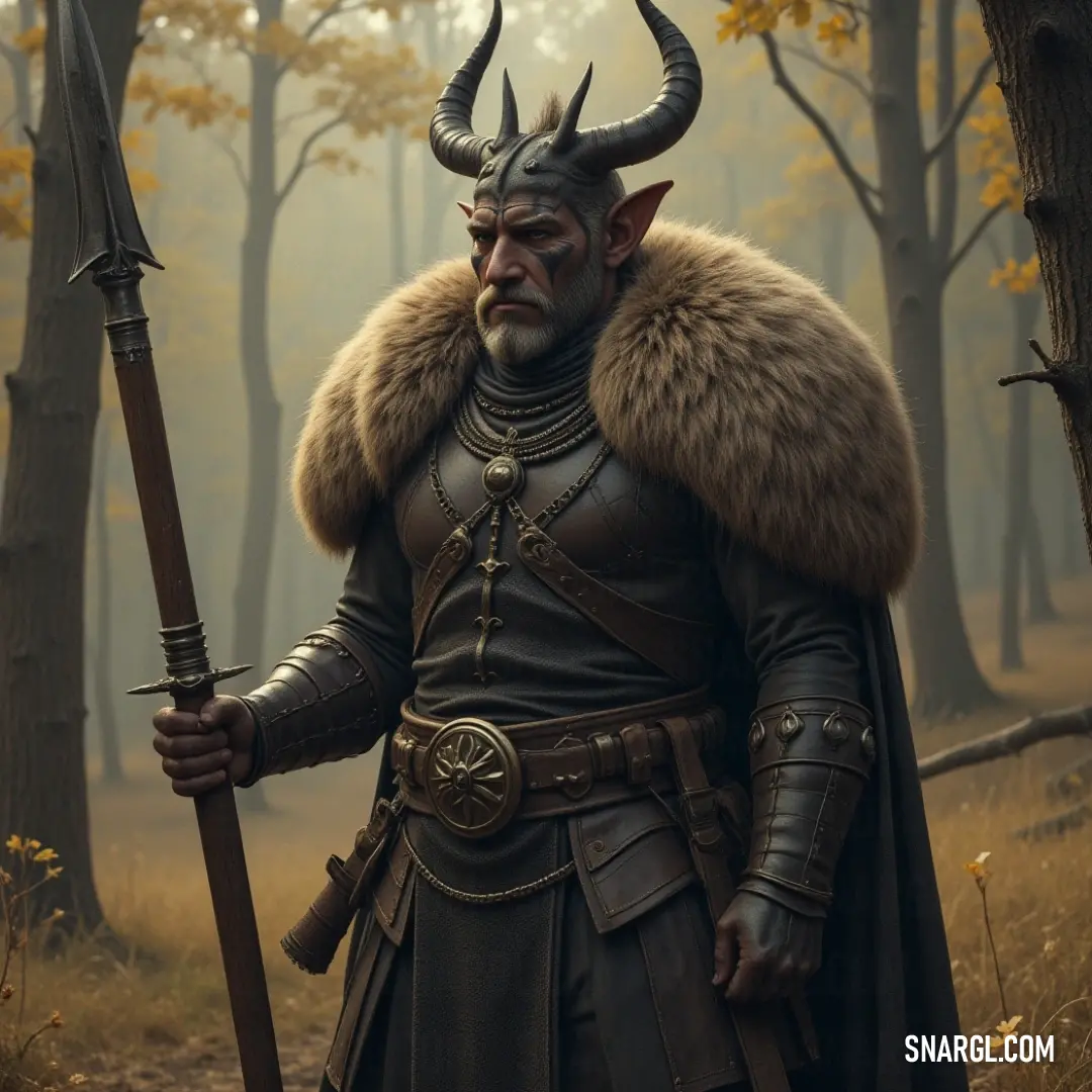 A horned figure stands tall in the forest, sword and staff ready, amidst the dense trees and the whispers of the wind. A figure dressed in a horned costume, sword and staff in hand, stands amidst the dense forest, surrounded by tall trees and the rustling of leaves, exuding an aura of strength and mystery.