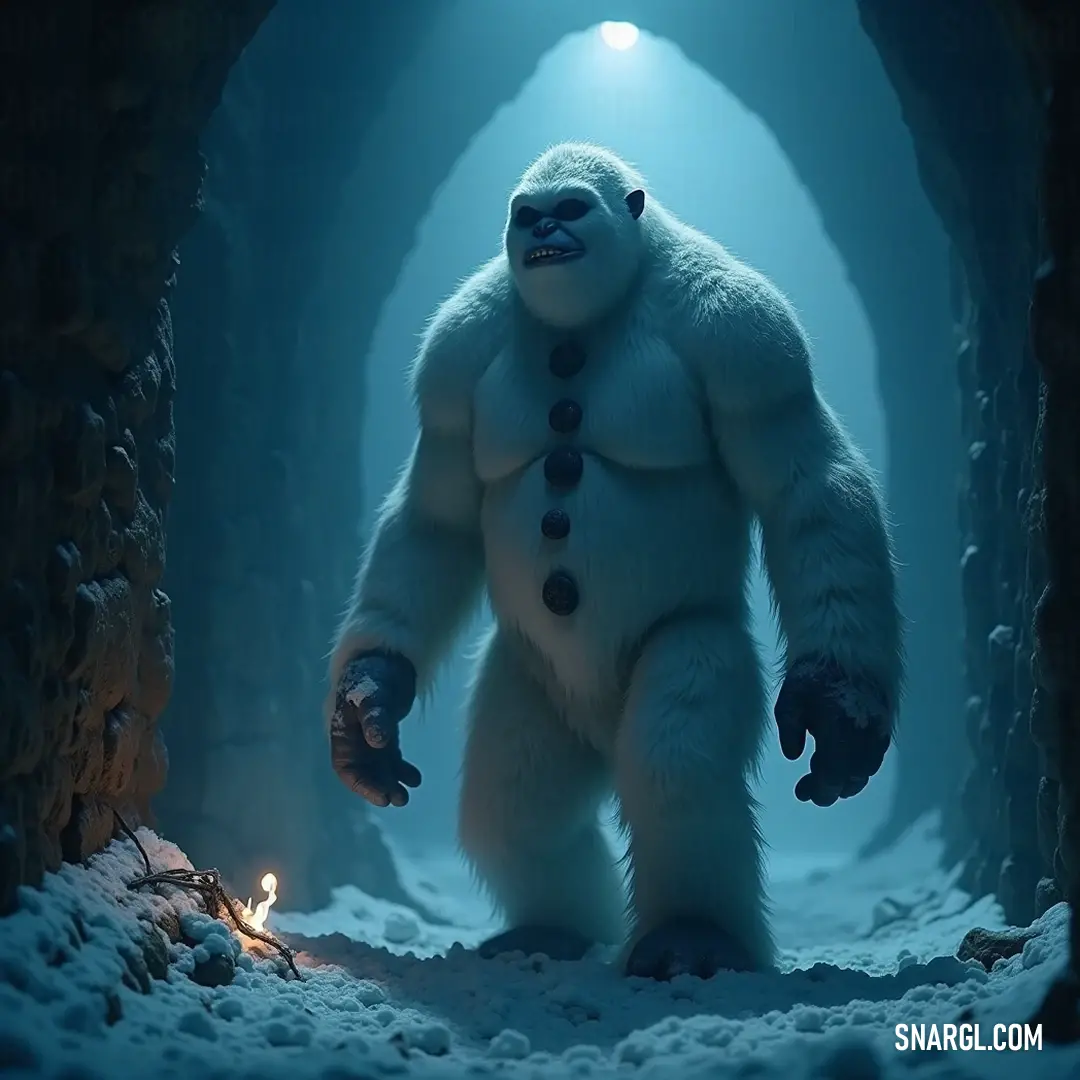 A charming white Snowman stands in a tunnel, warmly illuminated by light at its side, with a flickering candle in the center, creating a cozy and inviting winter atmosphere.