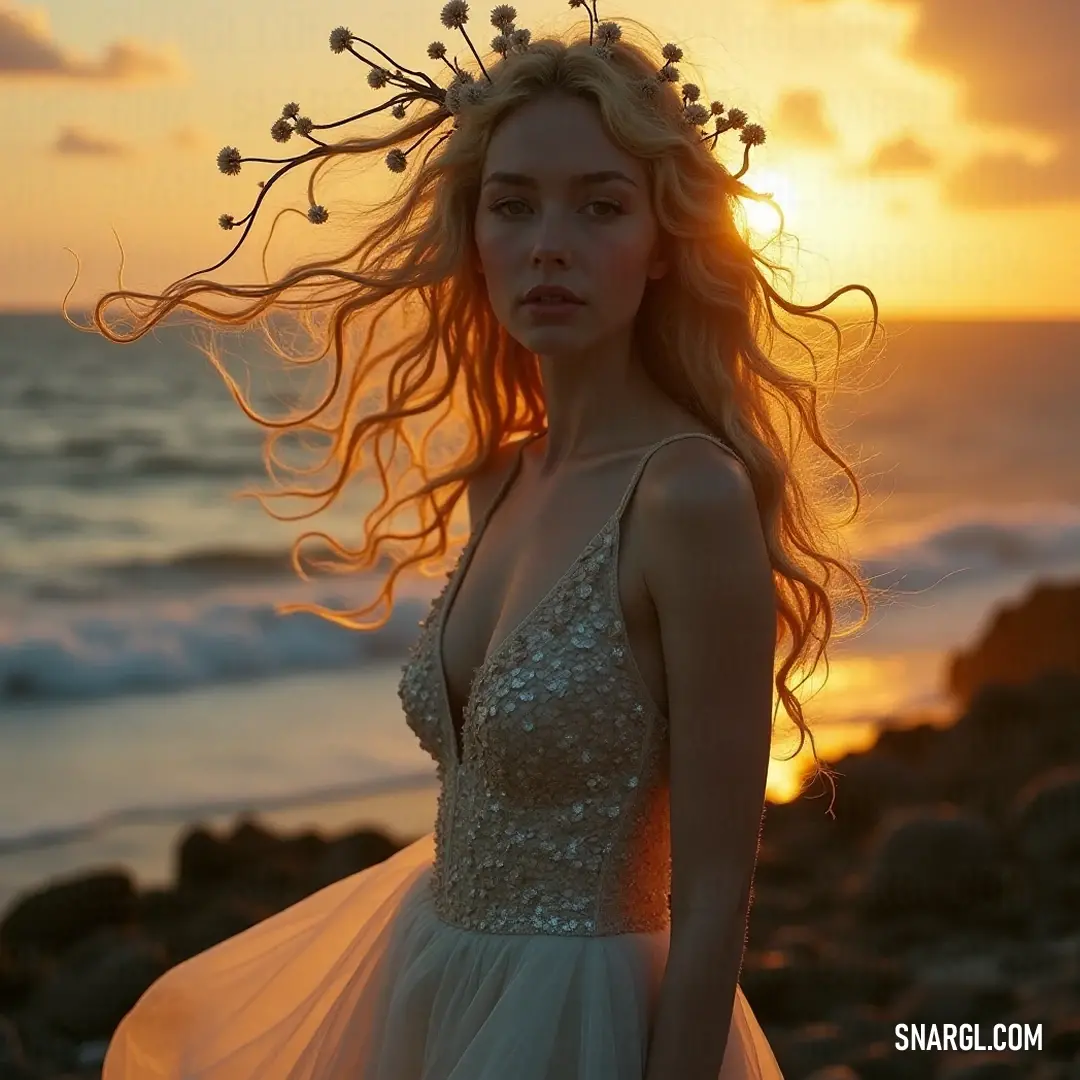 A mesmerizing scene featuring a songstress in an elegant dress, gracefully poised on the shoreline. The sunset casts a warm glow, illuminating her flowing hair as the gentle waves lap against the sand in the background.