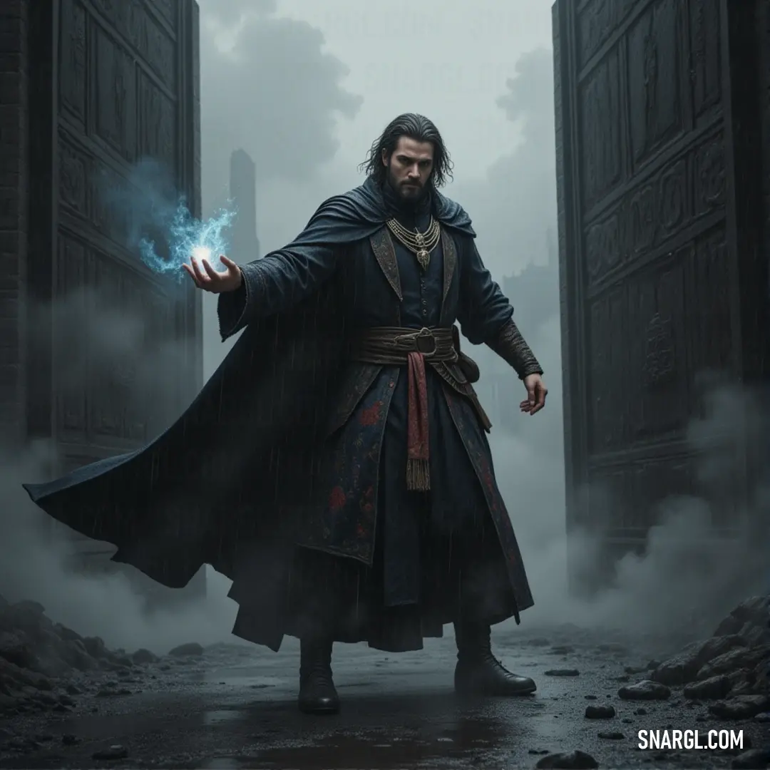 A sorcerer, holding a blue orb, stands in a shadowy alleyway, his power emanating from the magical object in his hand. The Sorcerer Supreme, cloaked in a long coat, holds a glowing blue orb in his hand. The dark alleyway around him is shrouded in shadows, hinting at the mysterious forces he controls as he stands poised for action.