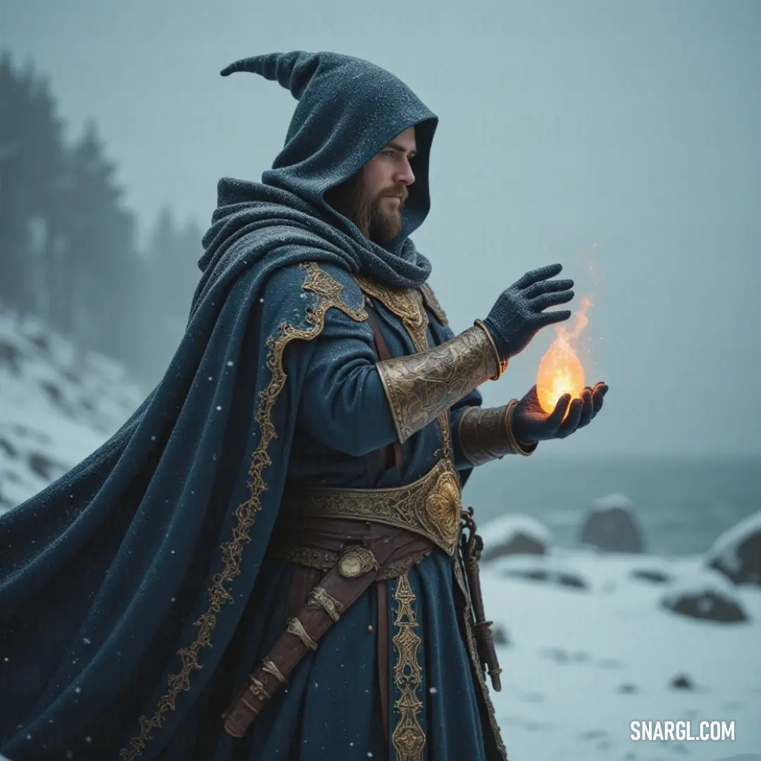 The Sorcerer Supreme in medieval garb, holding a flame, with a foggy backdrop enhancing the air of mystery and power. The Sorcerer Supreme, draped in medieval attire, holds a flickering flame in his hand. His intense gaze and the foggy background create a sense of powerful mystery and ancient magic.