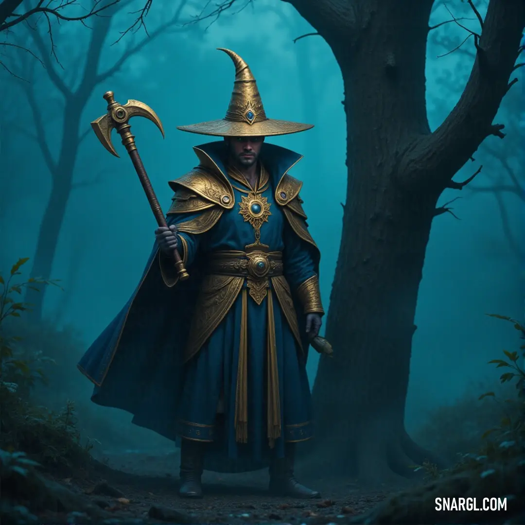 The Sorcerer Supreme, dressed in a striking blue and gold costume, grips a giant axe, standing in the midst of a fog-shrouded forest where the trees whisper secrets of old. A mighty figure clad in a regal blue and gold costume, wielding a massive axe, stands tall in a misty forest. Fog swirls around him as trees loom ominously in the background, giving him an air of invincibility.