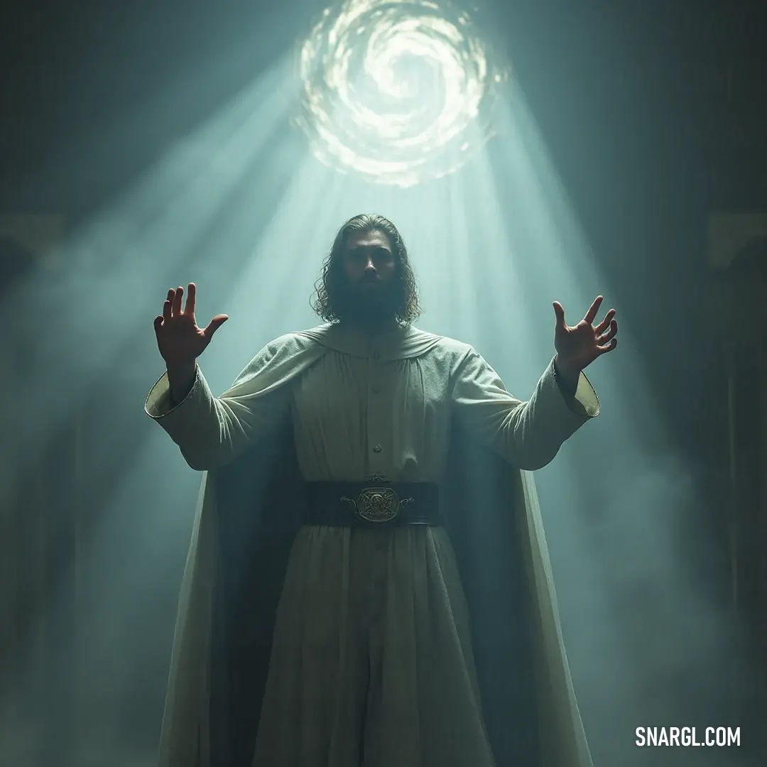 A robed figure, embodying the spirit of magic, stands uplifted as light cascades upon him and a mystical spiral of smoke twirls in the background, enhancing the atmosphere of enchantment. With hands raised triumphantly, a robed sorcerer stands beneath a radiant light, silhouetted by a mesmerizing spiral of smoke that swirls around him, creating an ethereal spectacle.