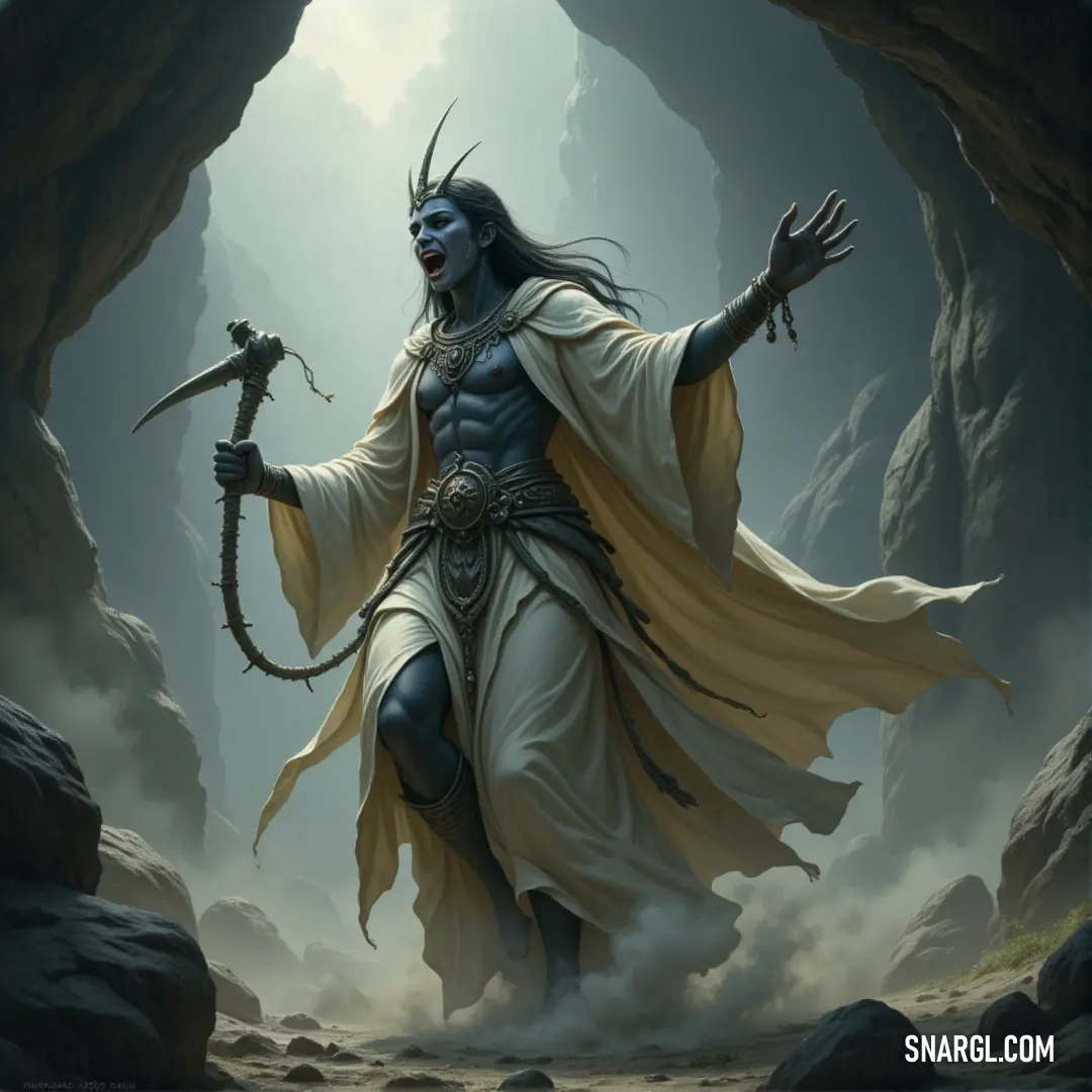The Sorrowful Shade stands in a cave, sword in hand, with a demon perched on its arm, framed by rocky walls and an enigmatic sky. A sorrowful figure in a dark, weathered outfit stands in a rocky cave, gripping a sword while a demon clings to its arm, as the distant sky casts a faint light on the mysterious, otherworldly scene.