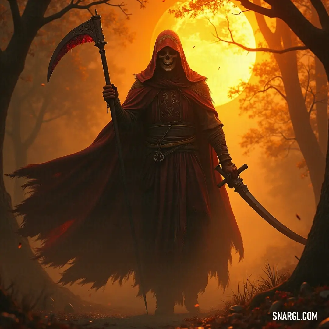 Grimter stands in a mystical forest at sunset, wielding a sceptacle and sword under the full moon's light. A mysterious figure known as Grimter, clad in dark robes, wields a sceptacle and a shining sword, standing amidst towering trees as the sun sets and a full moon rises, casting an ethereal glow over the magical forest.