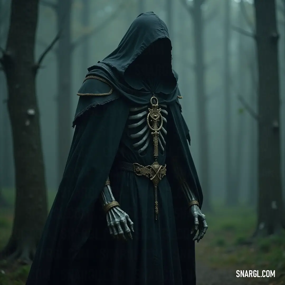 A shadowy figure, The Soul Taker, roams the woods, a skeleton key in hand, hinting at hidden passages and untold stories waiting to unfold. The Soul Taker, in his traditional hooded garb, stalks through a forest, the trepidation enhanced by the skeleton key in his grasp, symbolizing access to forbidden mysteries.