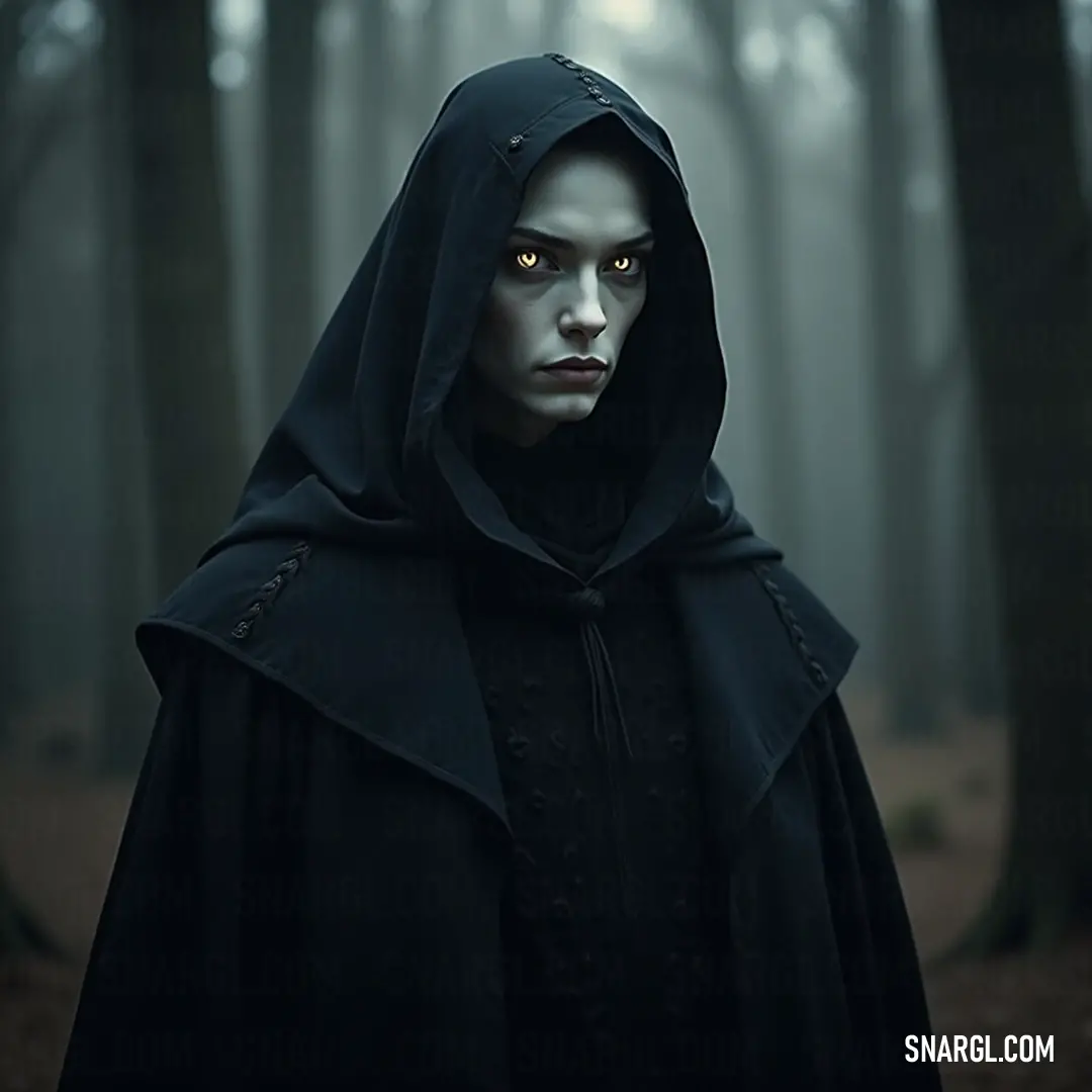 A cloaked figure stands in a serene forest, their presence enhanced by the gentle interplay of light and shadow cast by the surrounding ancient trees. A mysterious figure shrouded in a dark hooded cloak stands amidst towering trees, with dappled sunlight filtering through the forest canopy, creating an ethereal atmosphere around them.