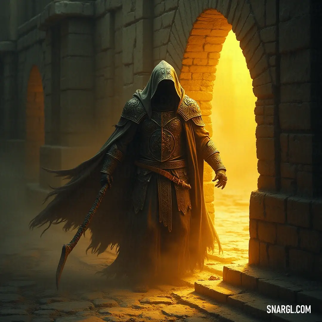 A hooded figure known as The Specter, wielding a sword, walks through a mysterious tunnel, with a glowing light casting an otherworldly atmosphere. The Specter, a shadowy figure in a dark hooded cloak, walks through a dimly lit tunnel. In his hand, he grips a sword while a mysterious glowing light illuminates the path ahead, casting an eerie glow on the stone walls.