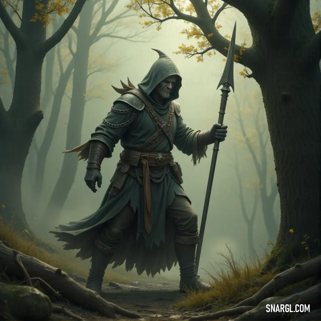 The Spellslinger, hooded and determined, holds his sword in the heart of an eerie, fog-covered forest. A lone Spellslinger in a dark hooded cloak stands amidst a dense forest, sword drawn and poised for battle. The fog creeps between the trees, adding an air of mystery and danger to the enchanted woods.