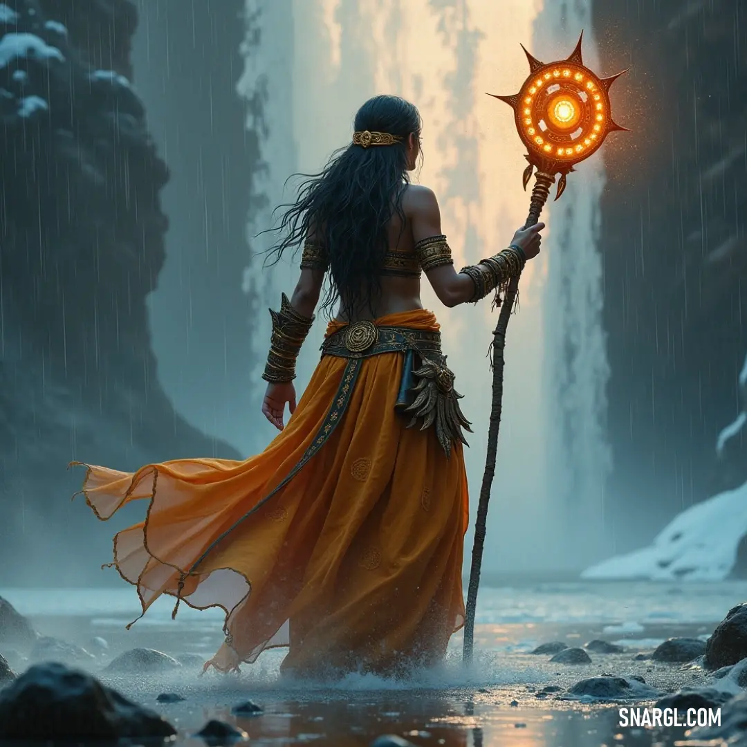The Spellslinger stands beside a shimmering river in winter, staff aglow, creating a harmonious scene of magic and tranquility. Adorned in a luminous yellow dress, The Spellslinger stands gracefully by a river, her light-up staff casting gentle reflections on the snow-dusted ground. The serene landscape evokes a sense of wonder and magic in the wintery landscape.