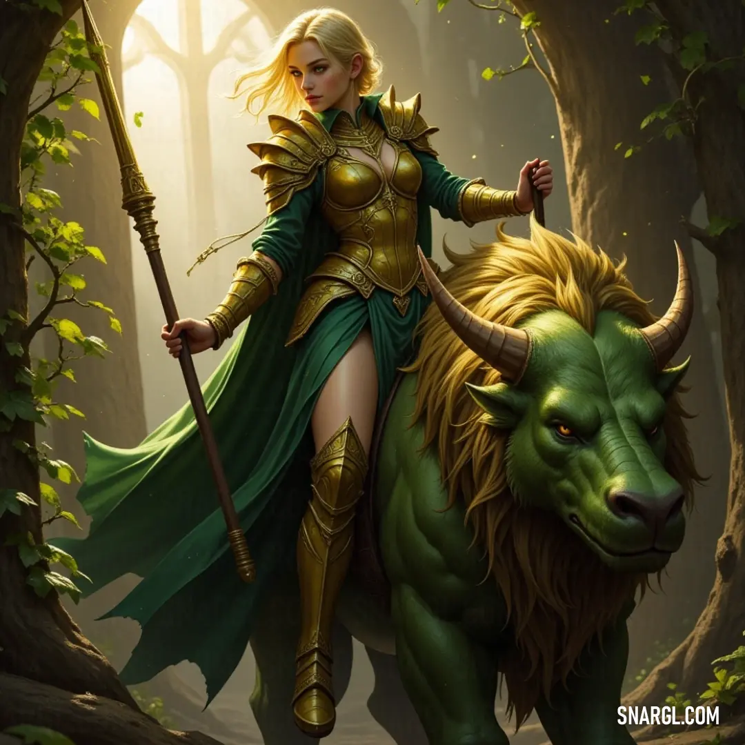 The Spellslinger rides a radiant green bull, spear in hand, as they traverse through the lush woods of a vibrant forest. A spirited figure, The Spellslinger, rides a vibrant green bull through a lush forest, spear raised high. This captivating scene captures the essence of adventure and the bond between rider and beast amid nature's grandeur.