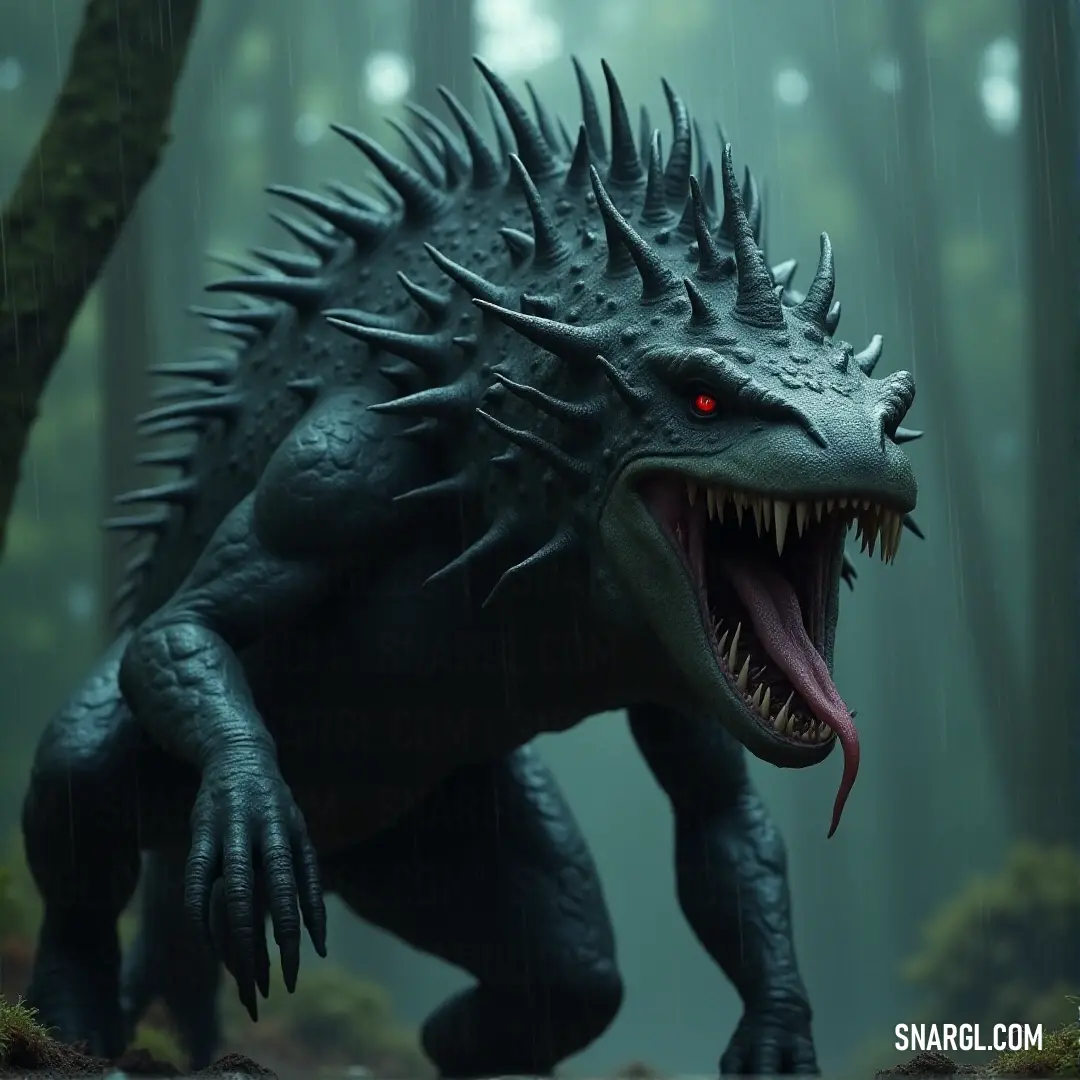 A Godzilla-like Spined Sucker with red eyes and sharp teeth looms in a rain-soaked forest, surrounded by mist. A towering creature, resembling a Godzilla-like figure, the Spined Sucker, with glowing red eyes and sharp teeth, stands in the midst of a rain-soaked forest. The trees around it are shrouded in mist, and the air is thick with tension.
