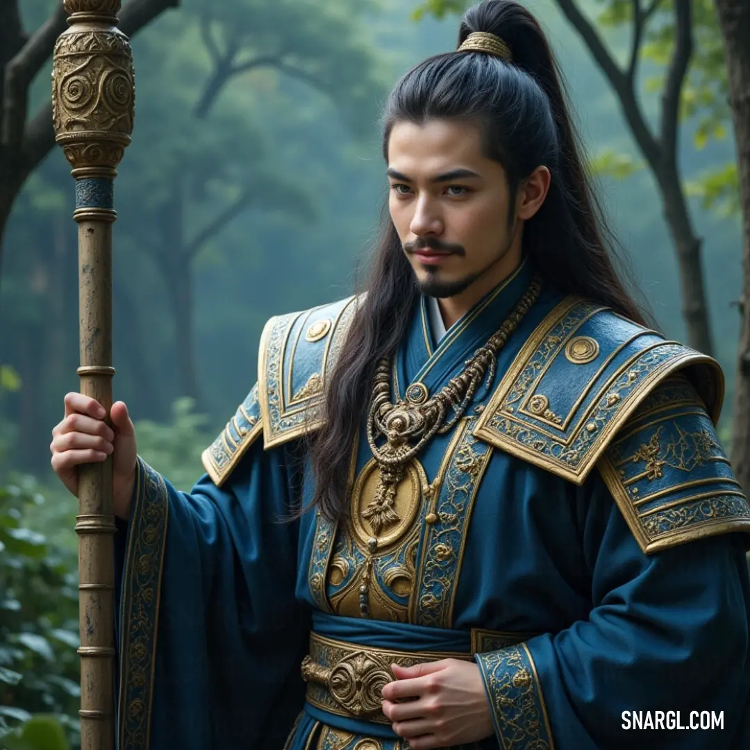 The Spirit of the Forest, adorned in a dazzling blue and gold costume, gracefully holds a staff while surrounded by ancient trees, exuding a powerful connection to nature in a tranquil woodland.