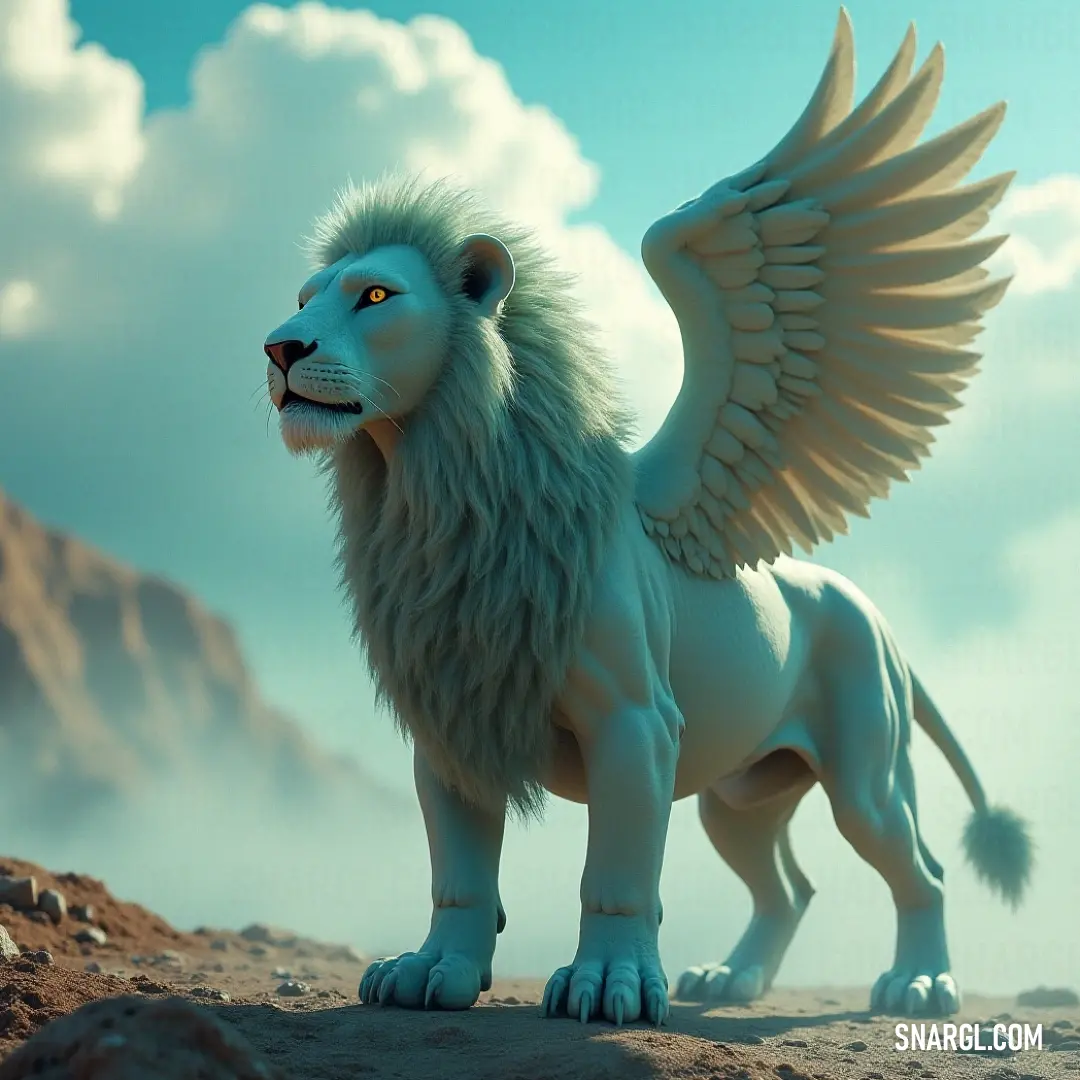 The white Simurgh stands regally on a rocky hillside, its striking wings and noble posture perfectly framed by a clear blue sky, evoking a sense of freedom and lofty aspirations.
