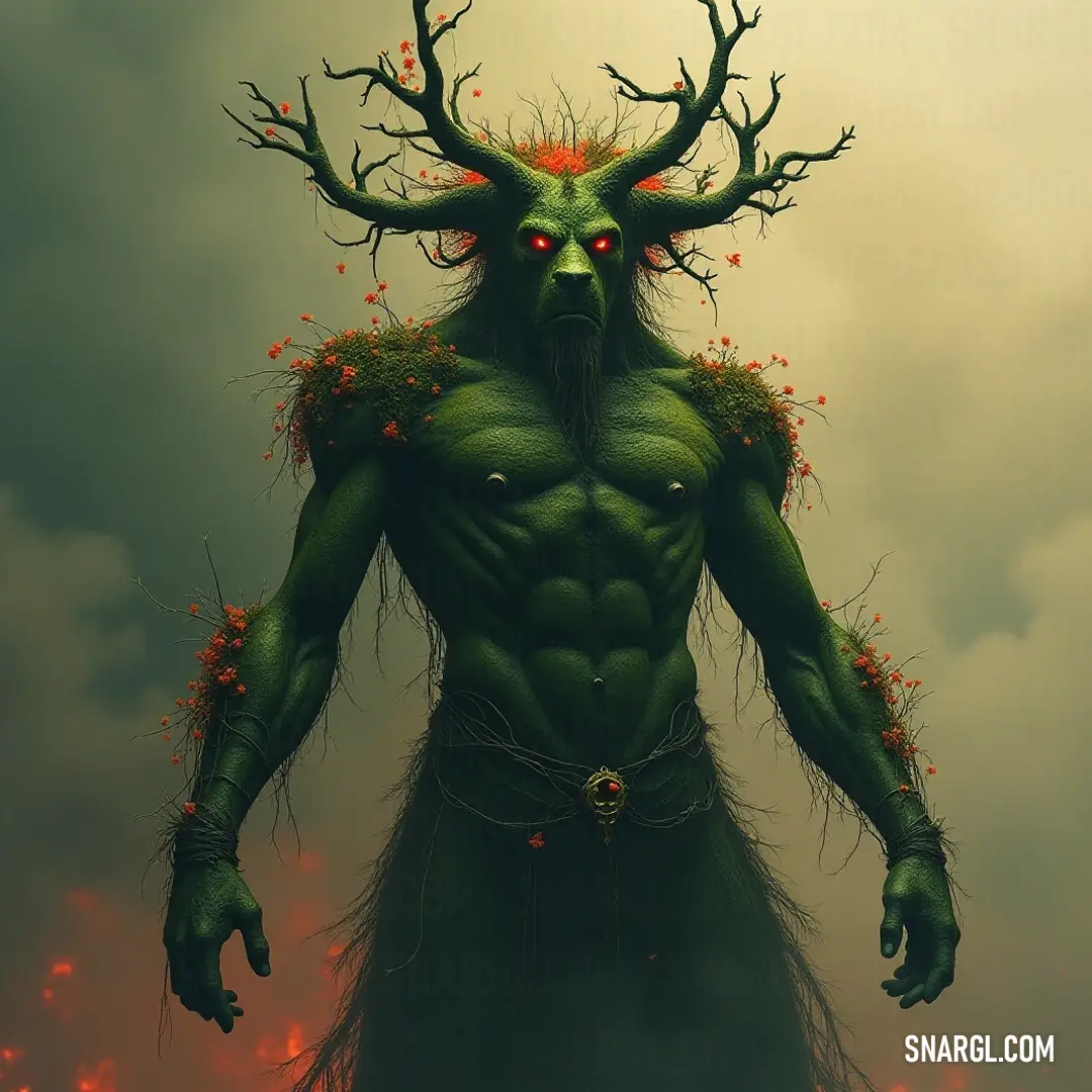 The formidable Sylvan King stands tall, radiating power with his imposing horns and fierce red eyes, wrapped in the lush embrace of an ancient forest. His demonic presence commands respect and admiration from all who cross his path.