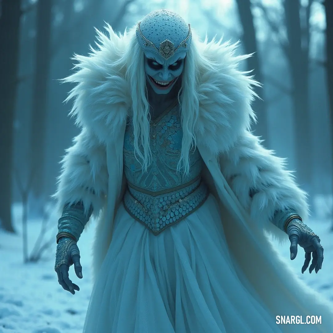 The Tallman House Poltergeist in a captivating costume and mask, elegantly posed in a snowy landscape. A mystical figure known as the Tallman House Poltergeist, adorned in a striking costume and an eerie mask, stands amidst pristine snowflakes, creating an enchanting yet chilling winter scene.