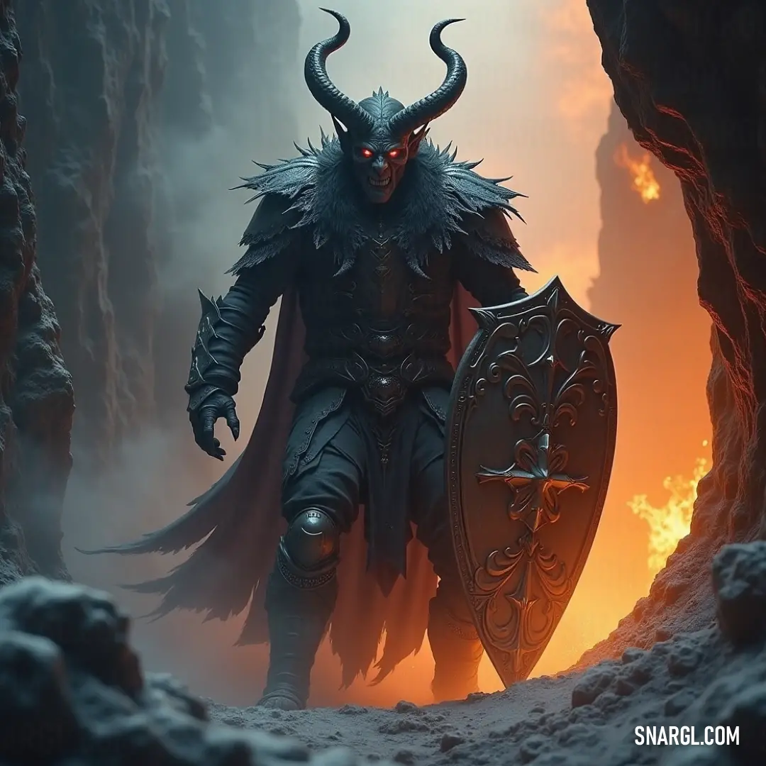 The Tempter in a horned costume holding a shield, surrounded by lava and smoke in a cave, exuding a menacing energy. A dark and powerful figure known as The Tempter stands in a shadowy cave, wearing a horned costume and holding a large shield, while fiery lava and thick smoke swirl around, creating an ominous atmosphere.