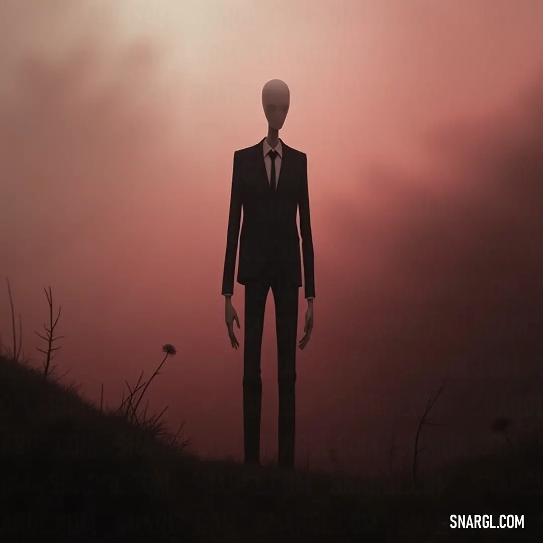 A formal figure gazes over a vast field, silhouetted against a striking red sky, as a bird gracefully flies overhead in this evocative scene. A mysterious figure dressed in a formal suit stands amidst an expanse of green grass, against a surreal red sky that casts an otherworldly glow, while a lone bird soars in the vivid atmosphere above.
