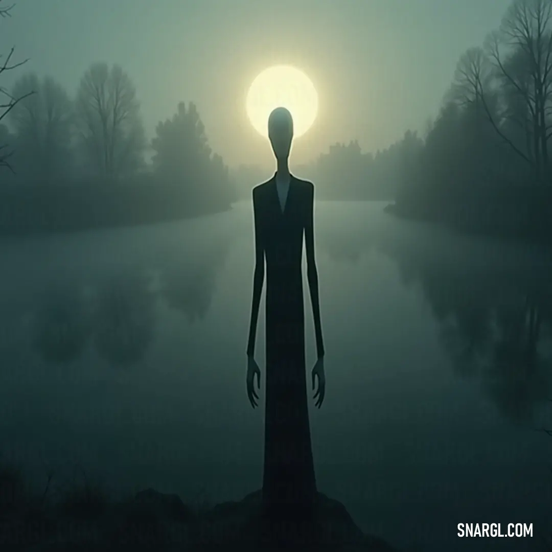 The Thin Man gazes across the lake, his presence amplifying the atmosphere of enigma, where calm waters meet a shape that hints at stories untold. The Thin Man stands ominously in front of a serene lake, the gentle sun casting a soft glow on his slender figure, creating an unsettling juxtaposition against the tranquil environment.