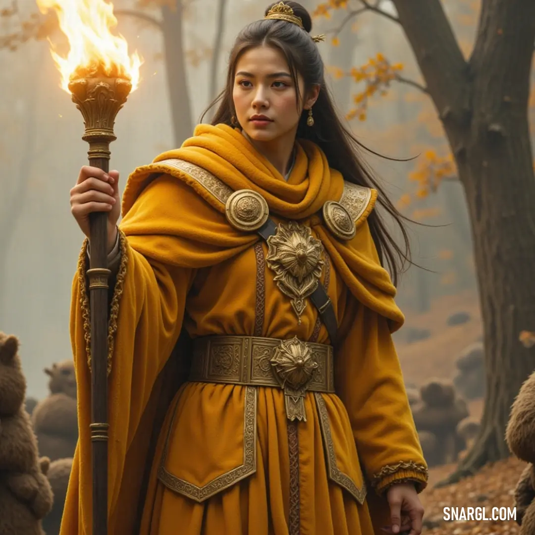 Dressed in a striking yellow gown, the Three Witches hold a flickering torch in the shadowy embrace of the forest, their surroundings alive with the sounds of wildlife, as their adventure begins under the watchful gaze of ancient bears.