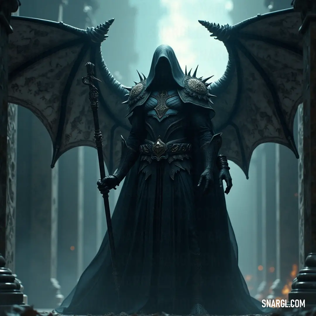 The Time Reaper, dressed in a shadowy cloak, stands in a mysterious, dark forest. With a sword in one hand and a bat in the other, his ominous presence is amplified by the soft glow of a light blue mist surrounding the scene.