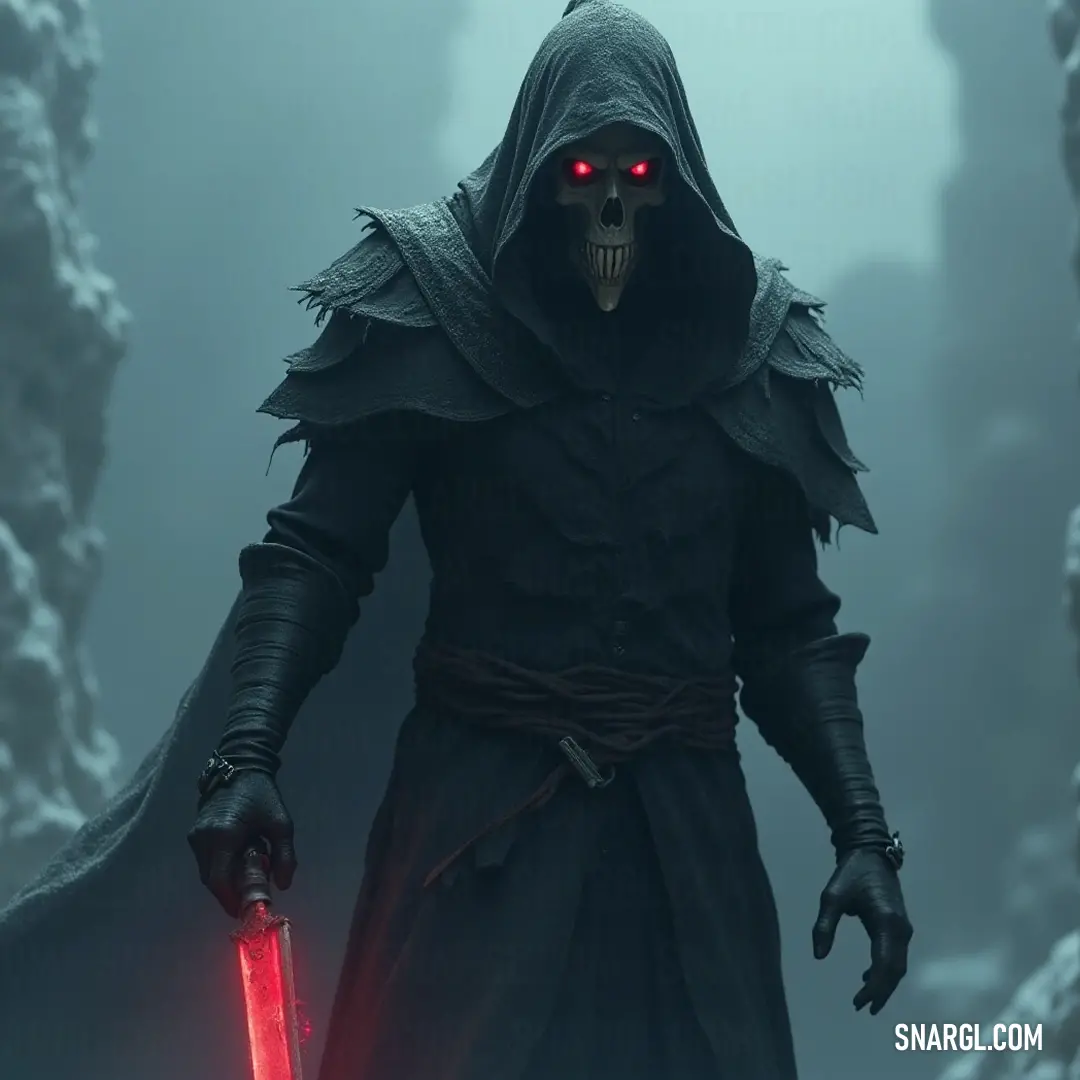 In a darkened realm, the Time Reaper brandishes a red lightsaber, his skull-masked face an emblem of power, amidst swirling shadows and an eerie ambiance. The Time Reaper, cloaked in darkness, holds a radiant red lightsaber in one hand, the skull mask enveloping his face reflecting a fierce determination amidst the shadows that surround him.