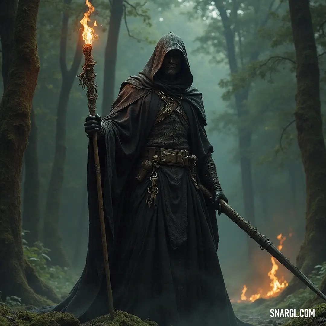 The Time Reaper, enrobed in darkness, wields a staff in a blazing forest, flames swirling around him, a figure of power and control over the forces of nature. The Time Reaper brandishes a staff against the backdrop of a fiery forest, his intense gaze piercing through the smoke, ready to unleash a wave of supernatural fire as he commands the elements.