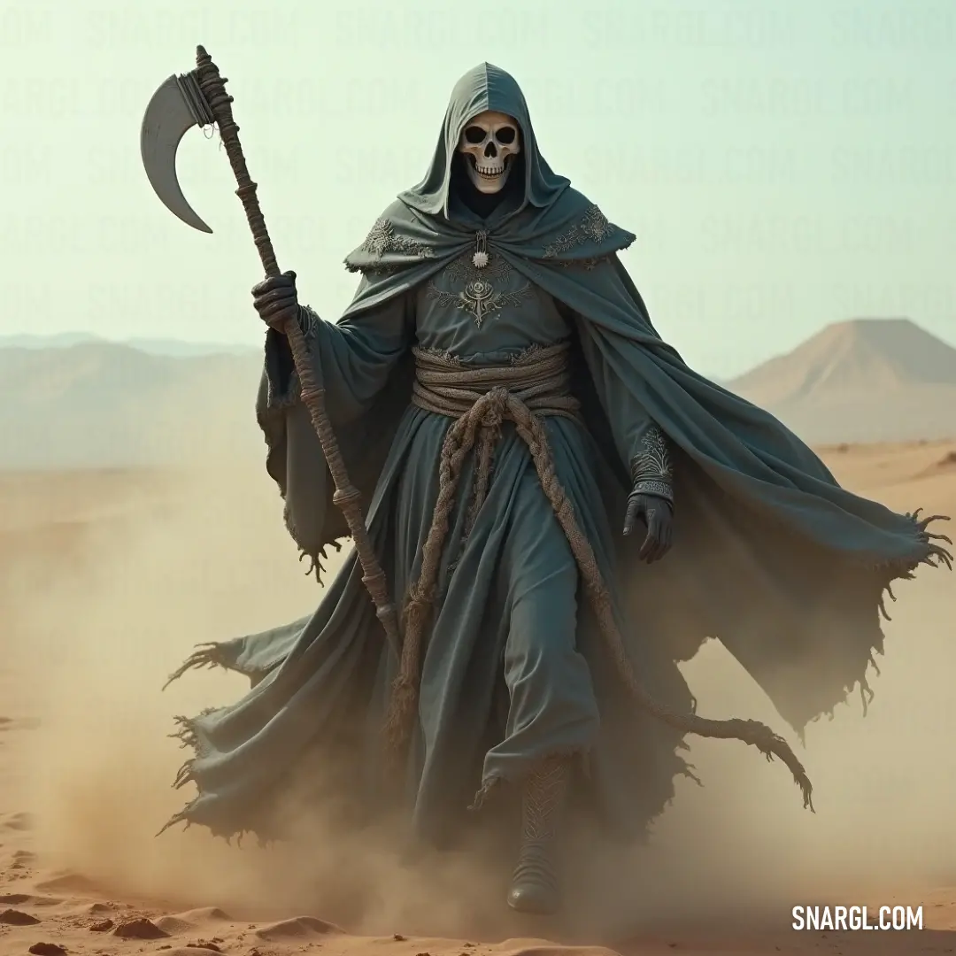 The Time Reaper in a robe, holding a sceptacle, stands in the middle of a vast desert, embodying solitude and power. The Time Reaper stands alone in a vast desert, his robe flowing in the wind. Holding a sceptacle, he surveys the barren landscape, his figure a striking contrast against the vastness of the dry, sun-drenched terrain.