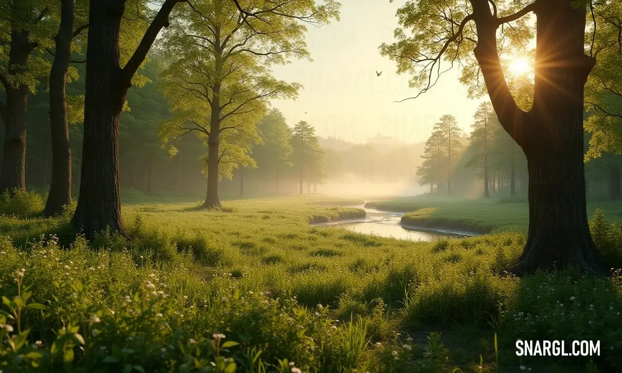 A sunny grassy field with trees and a peaceful stream in the distance. A sun-drenched grassy field stretches out before you, dotted with trees and a distant stream. The sunlight filters through the leaves, casting playful shadows that dance across the grass, creating a perfect spot for relaxation and discovery.