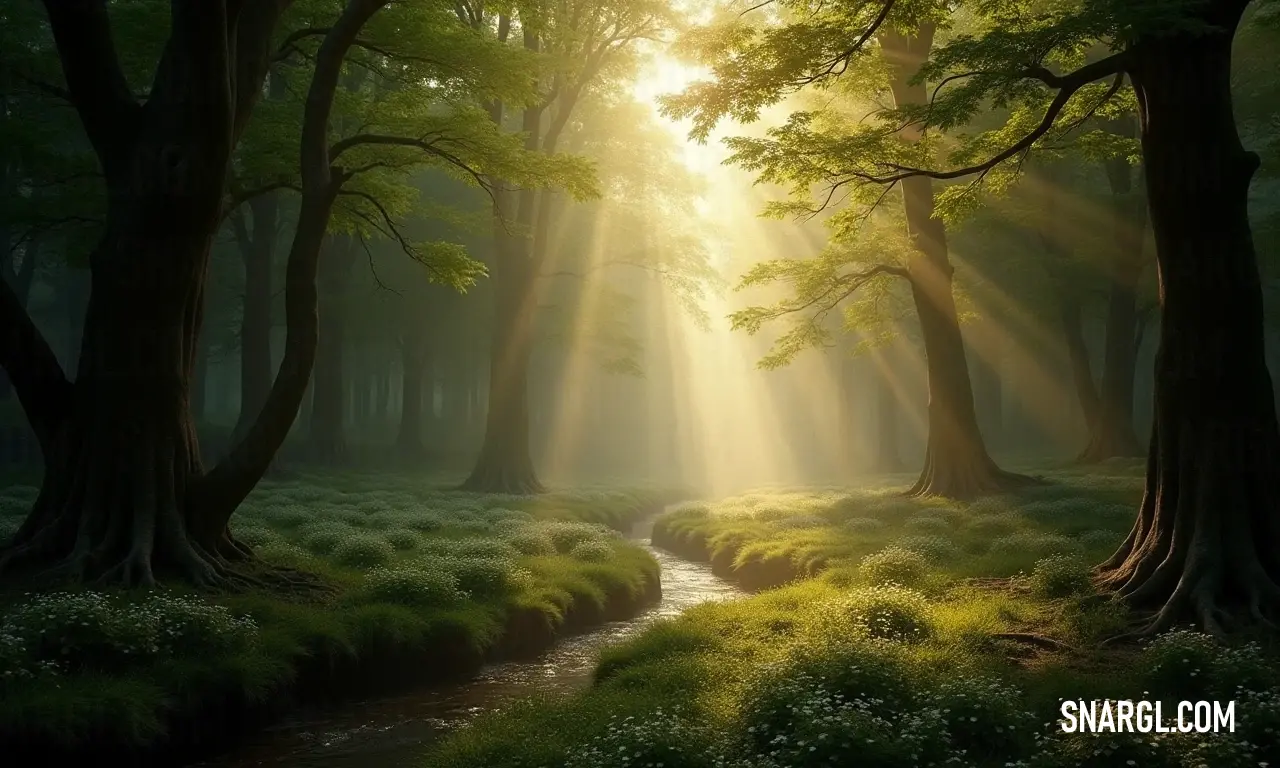 A tranquil painting depicting a serene stream in a lush forest with sunbeams. A soothing painting captures a tranquil stream elegantly flowing through a dense forest, with sunbeams breaking through the treetops. Grass sways gently in the foreground, inviting you to experience the magic of this serene woodland scene.