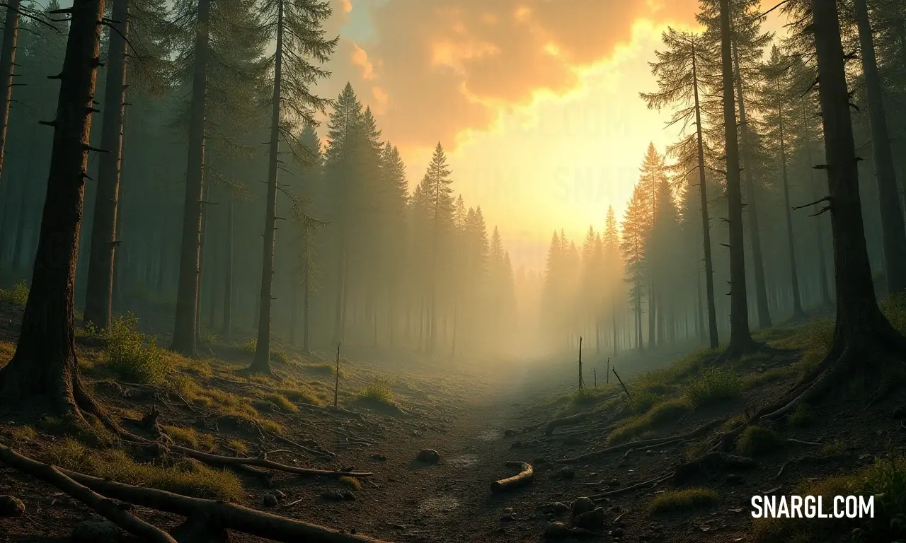 A tranquil woodland path illuminated by a warm sunset glow. A tranquil path meanders through a serene woodland, illuminated by the soft rays of a sunset. The golden light filters through the trees, casting gentle shadows and encouraging quiet contemplation along this peaceful journey.