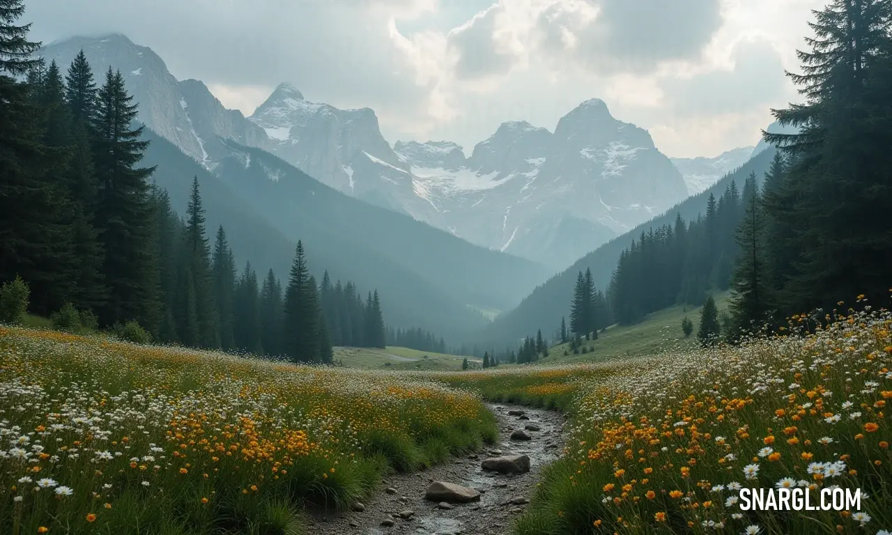 A vibrant trail through wildflower meadows with majestic mountains beyond. A scenic trail winds through a vibrant meadow painted with wildflowers of every color, set against a breathtaking backdrop of towering mountains. The landscape captures the essence of freedom and adventure found in nature's beauty.