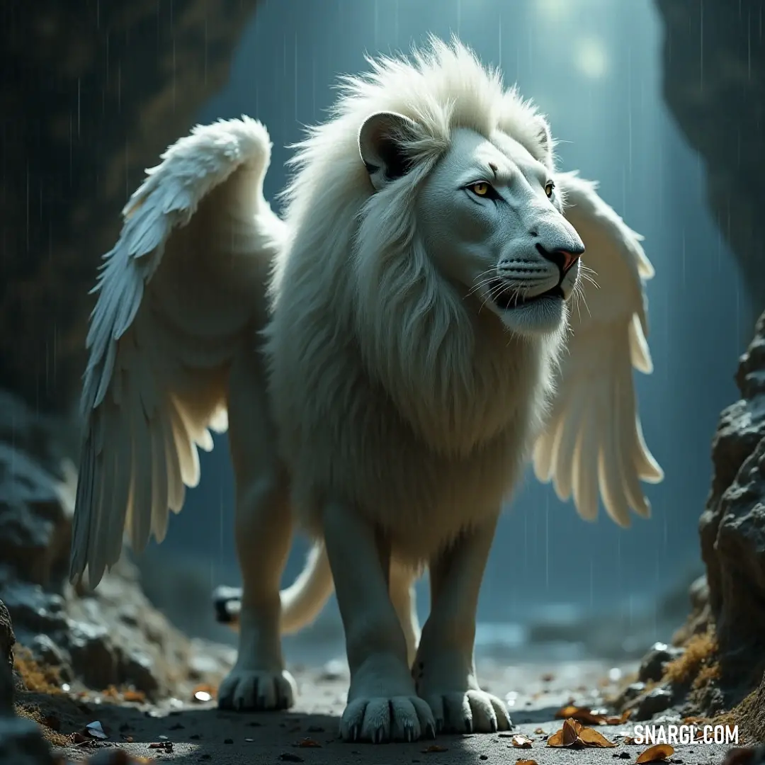 A grand depiction of the White Simurgh, wings unfurled in a cave as rain falls, capturing its mythical strength and serene grace. The majestic White Simurgh stands in a mysterious cave, its wings spread wide as raindrops cascade down its feathers. Its ancient eyes reflect the storm outside, adding to its timeless, otherworldly presence.