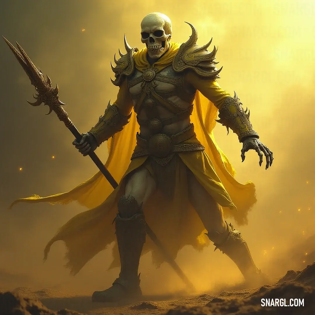 An Undead Champion bearing a sword, with a yellow cape and skull, displays its might in a wild, untamed landscape. The Undead Champion stands tall, wielding a gleaming sword; adorned with a yellow cape and a skull resting on its arm, it commands the battlefield with an aura of formidable power amidst an untamed landscape.