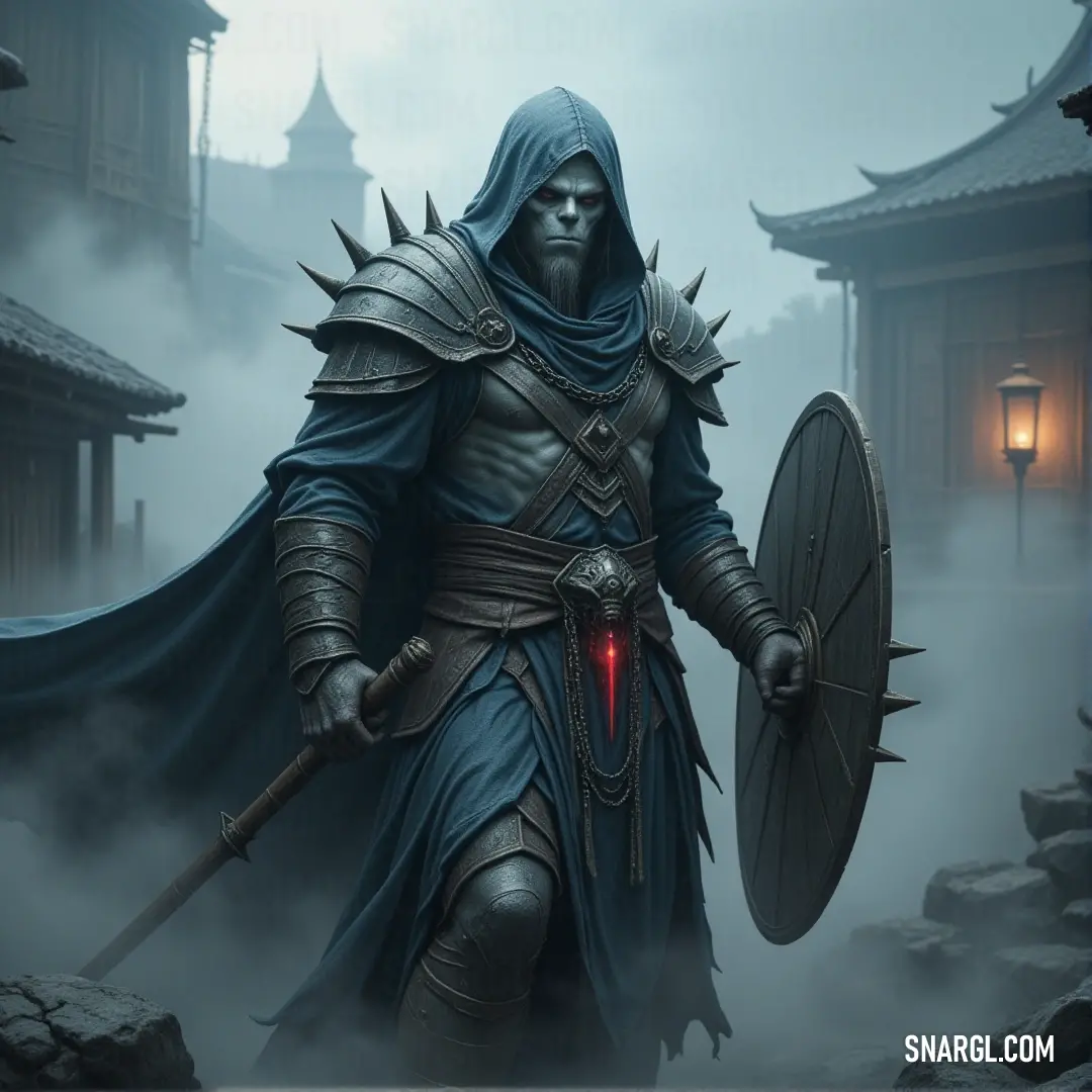 An unseen wraith, cloaked in shadows, with a shield and sword, standing in a fog-filled landscape with a distant structure. The unseen wraith, hidden beneath a dark hood, stands armed with a shield and sword in a fog-drenched landscape. The vague outline of a building can be seen through the mist, adding to the mystery of the silent guardian.