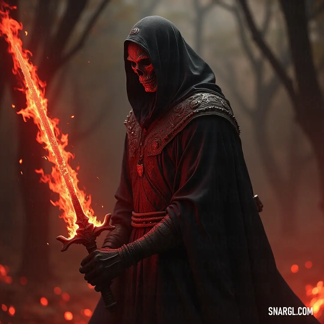 A valiant wraith clad in a hooded outfit brandishes a sword in a burning forest, flames dancing ominously in the air. A formidable figure in a hooded outfit grips a gleaming sword tightly as they stand amidst a fiery forest, with chaotic flames illuminating the surrounding trees and casting ominous shadows.
