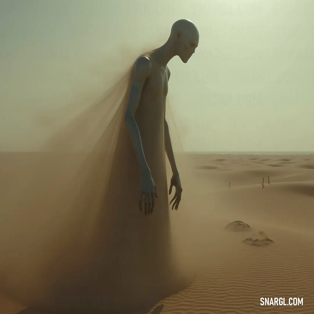 Against a backdrop of swirling sands and a blazing sun, a figure stands as a testament to mystery and survival in a barren desert landscape. In a desolate landscape, a silhouette stands against the harsh winds of the desert, its form obscured but captivating, capturing the essence of solitude under a radiant sun.