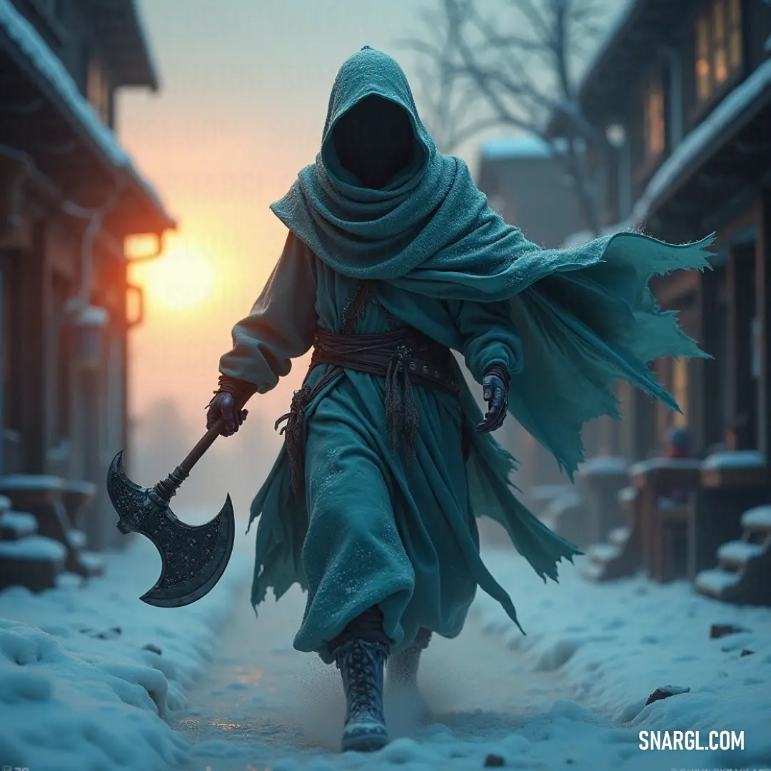 The haunting figure of The Vanishing Hitchhiker strides through a snowy street at sunset, wielding an axe, exuding an eerie enigma as shadows lengthen and dusk settles in. The Vanishing Hitchhiker clad in a dark hooded robe carries an axe, traverses a snowy street at sunset, framed by the glow of a distant building, evoking an unsettling allure of the unknown.