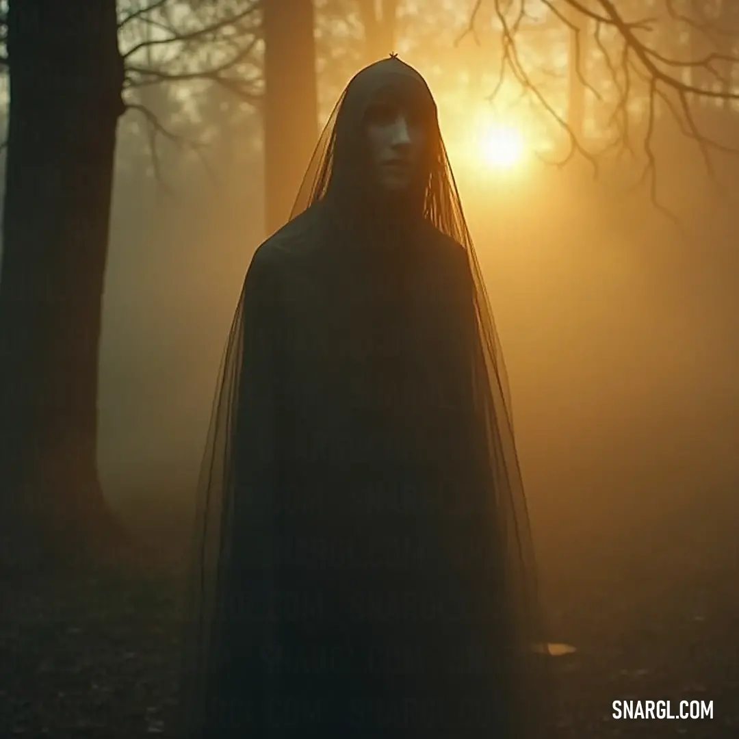 The Veiled Wraith, shrouded in a flowing black cloak, stands gracefully in an enchanting forest at sunset, where ethereal fog dances around her, illuminated by the embrace of golden sunlight filtering through the trees.