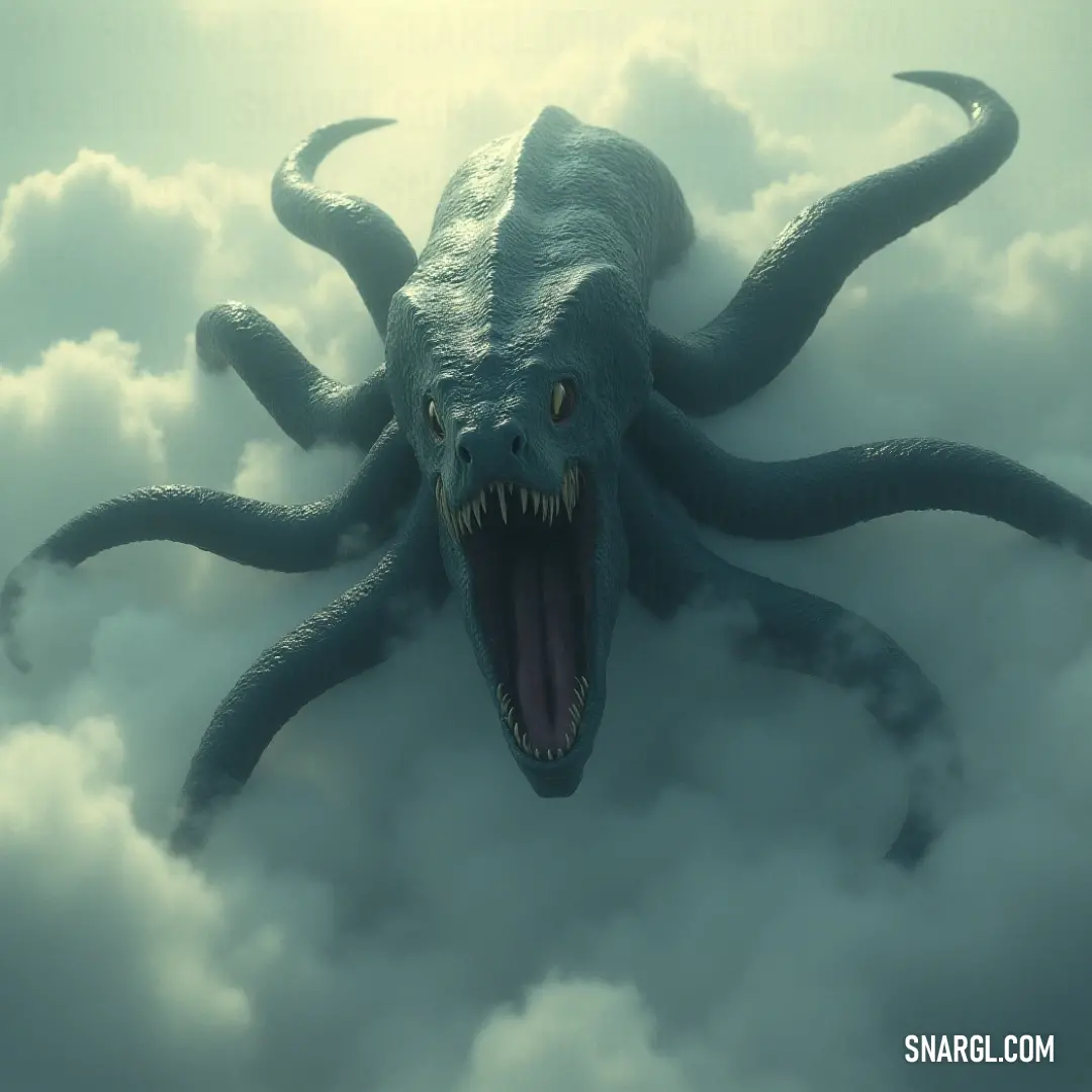 The Giant Kraken emerges from the depths of myth as it roams the clouds, a symbol of untamed power and lore, its mouth wide open as if preparing to unleash a storm upon the world below. A stunning Giant Kraken soars through the clouds, its gaping maw filled with razor-sharp teeth contrasting against the sky, embodying the ferocity of mythical sea beasts that rise to challenge nature itself.