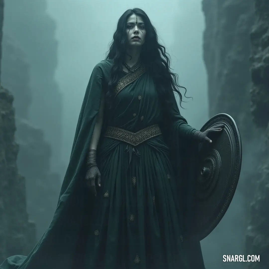 The Wailing Apparition: a haunting figure in green in a shadowy forest. A wailing apparition clad in a flowing green dress looms in a twilight forest, her shield reflecting the moonlight in eerie brilliance.